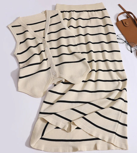 Black Beige Patchwork Stripe Two Piece Set Women Summer V Neck Sleeveless Single Breasted Vest Tops And Elastic Waist Long Skirt