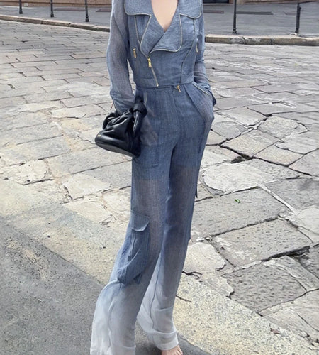 Slimming Sheer Two Piece Sets for Women Lapel Long Sleeves Spliced Zippers Top High Waist Pant Set Female Clothing