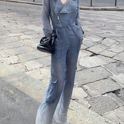 Load image into Gallery viewer, Slimming Sheer Two Piece Sets for Women Lapel Long Sleeves Spliced Zippers Top High Waist Pant Set Female Clothing
