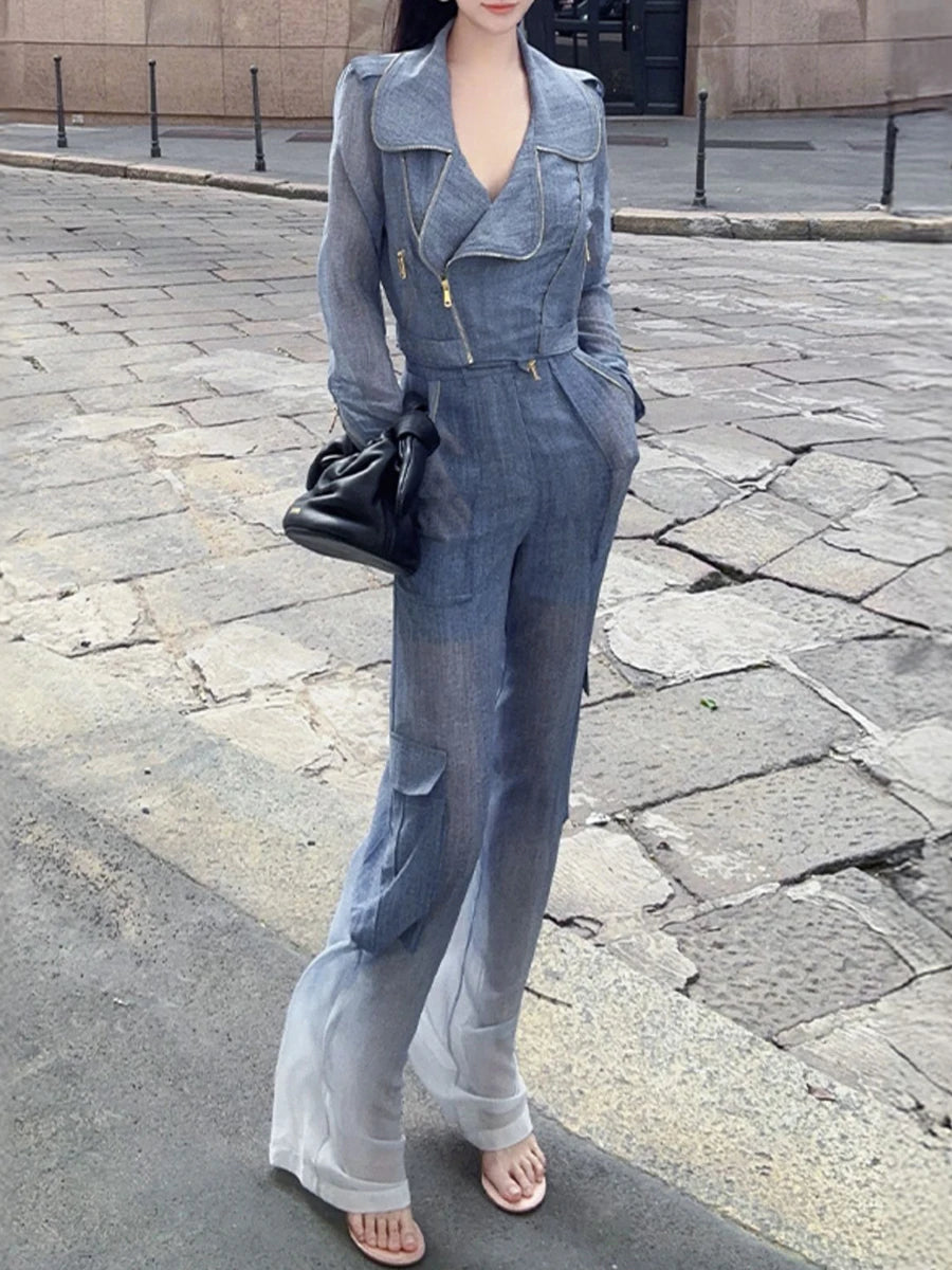 Slimming Sheer Two Piece Sets for Women Lapel Long Sleeves Spliced Zippers Top High Waist Pant Set Female Clothing