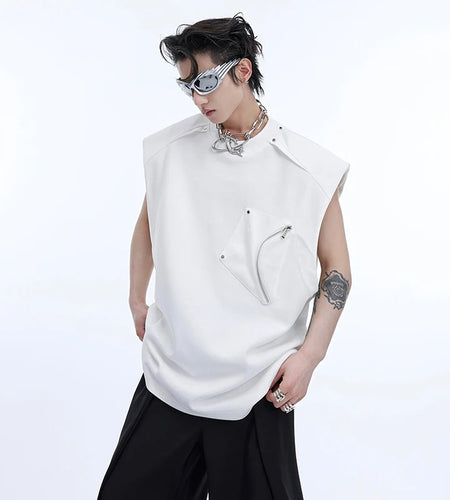 Men's Vest Three-dimensional Pocket Shoulder Pads Loose Round Collar Sleeveless Male Clothing Niche Design summer 9C675