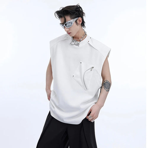 Load image into Gallery viewer, Men&#39;s Vest Three-dimensional Pocket Shoulder Pads Loose Round Collar Sleeveless Male Clothing Niche Design summer 9C675
