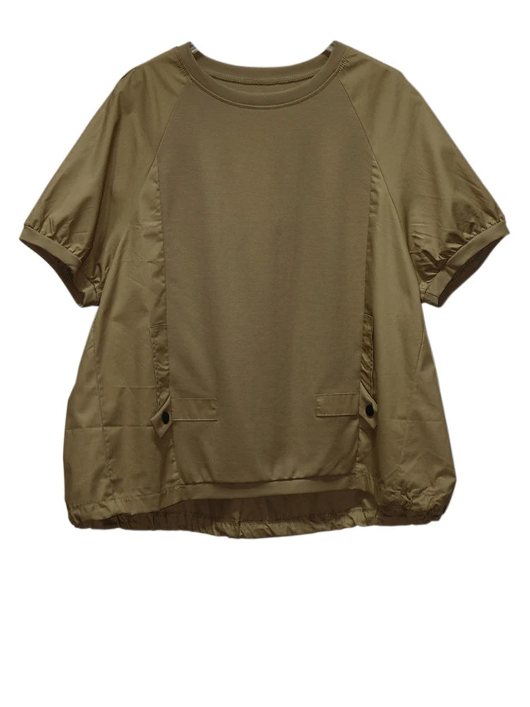 Women Black Spliced Brief Big Size Casual T-shirt New Round Neck Short Sleeve Fashion Tide Spring Summer 2025 1DJ0803