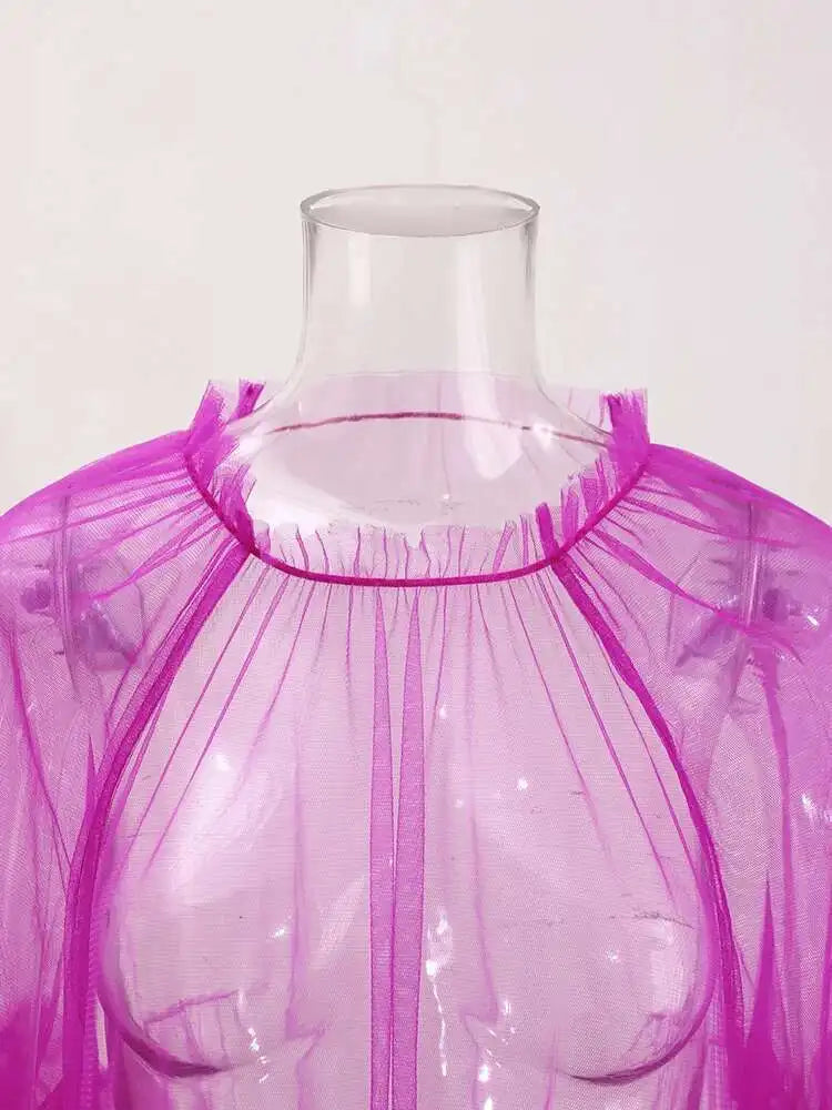 Women Purple Ruffles Mesh Perspective Big Size Long Dress New Round Neck Half Sleeve Fashion Spring Summer 2025 JR7711