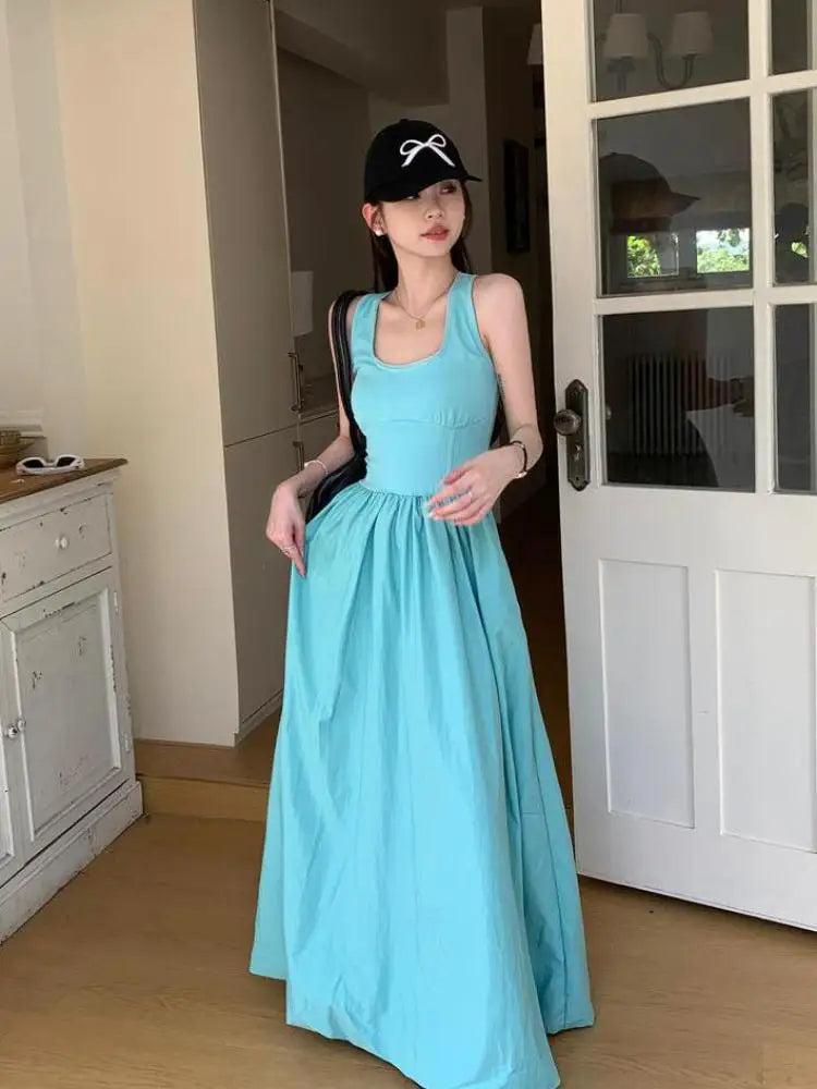 Korean Fashion 2024 Women's Blue High Waist Vacation Vest Long Dress Sleeveness O-neck Party Club Pleated Sundress Summer Simple