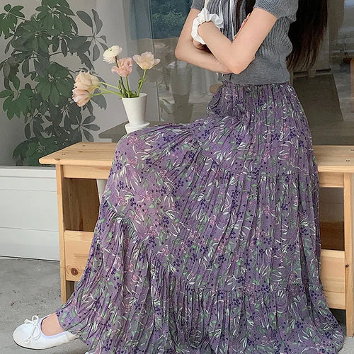 Load image into Gallery viewer, Women Purple Flower Elastic High Waist A-line Pleated Long Skirt Spring Summer New Beach Skirt Fashion Versatile Trendy Bohemian
