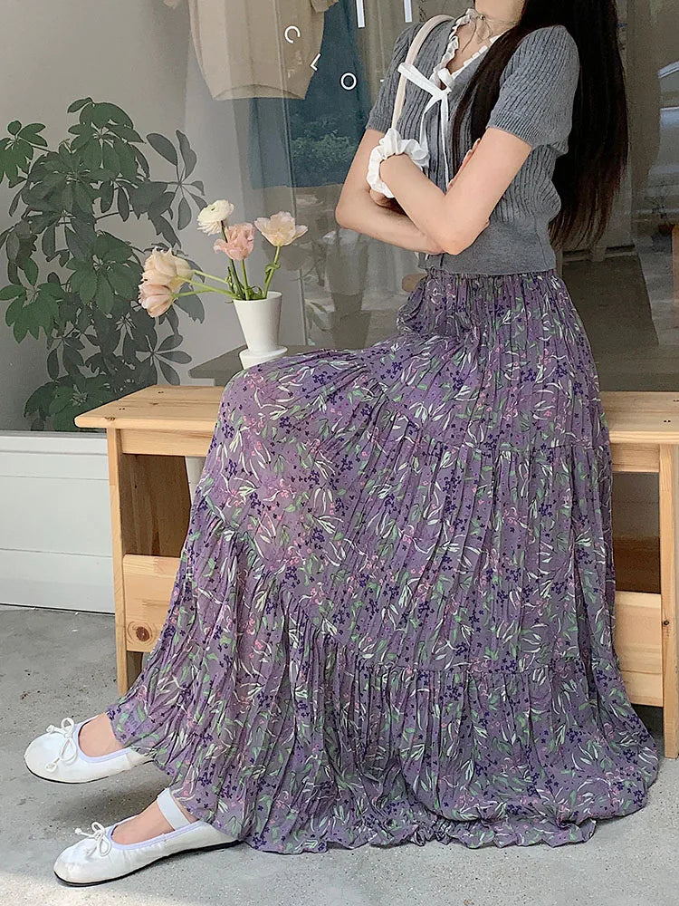 Women Purple Flower Elastic High Waist A-line Pleated Long Skirt Spring Summer New Beach Skirt Fashion Versatile Trendy Bohemian