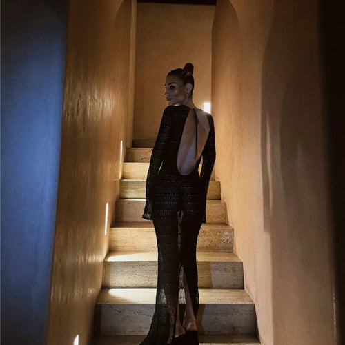 Load image into Gallery viewer, Hollow Out Knit Sexy Maxi Dress Women Fashion See Through Smock Dress Elegant Long Sleeve Backless Fishtail Dress
