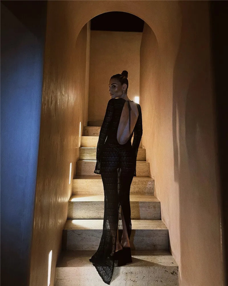 Hollow Out Knit Sexy Maxi Dress Women Fashion See Through Smock Dress Elegant Long Sleeve Backless Fishtail Dress