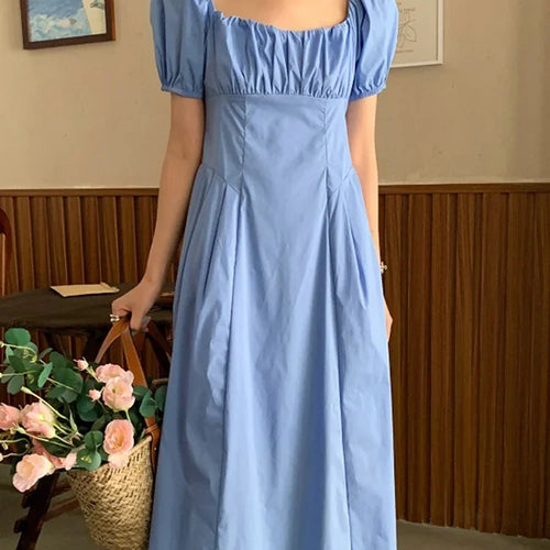 Load image into Gallery viewer, Blue Square Neck Pleated Simple Female Dress High Waist Solid Color Puff Sleeve Women Dresses French Style Elegant Dress
