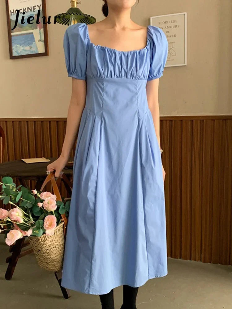 Blue Square Neck Pleated Simple Female Dress High Waist Solid Color Puff Sleeve Women Dresses French Style Elegant Dress