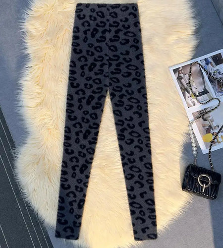 Vintage Korean Women Fashion New Leopard Print Casual Mink Trousers Autumn And Winter High Waist Leggings Pant Thick Y2k Popular