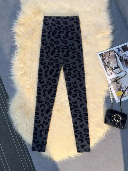 Vintage Korean Women Fashion New Leopard Print Casual Mink Trousers Autumn And Winter High Waist Leggings Pant Thick Y2k Popular