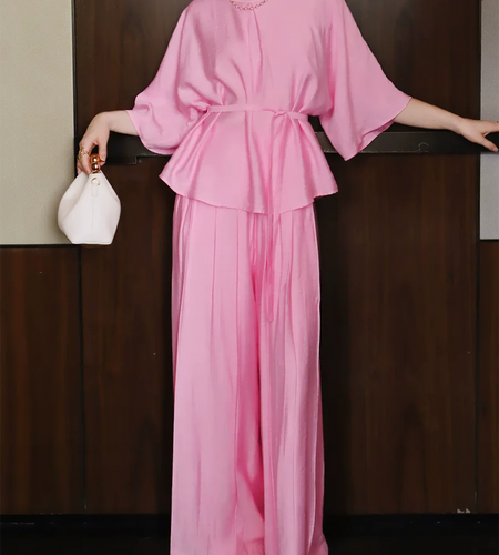 Solid Loose Two Piece Sets for Women Round Neck Half Sleeves Spliced Lace Up Top High Waist Wide Leg Pant Set Female