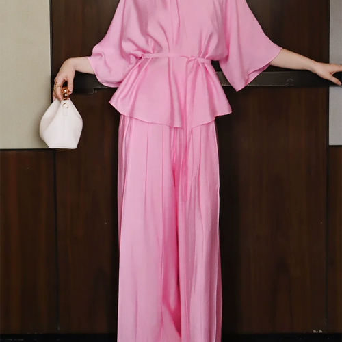 Load image into Gallery viewer, Solid Loose Two Piece Sets for Women Round Neck Half Sleeves Spliced Lace Up Top High Waist Wide Leg Pant Set Female
