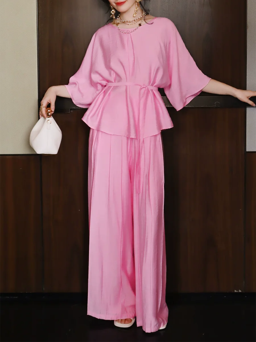 Solid Loose Two Piece Sets for Women Round Neck Half Sleeves Spliced Lace Up Top High Waist Wide Leg Pant Set Female