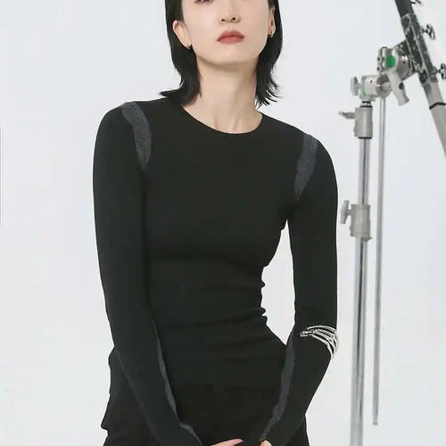 Load image into Gallery viewer, Black Slim Color-block Knitting Sweater Round Neck Long Sleeve Women Pullovers New Fashion Tide Spring Autumn 2025 1DH2082
