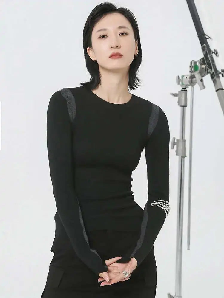 Black Slim Color-block Knitting Sweater Round Neck Long Sleeve Women Pullovers New Fashion Tide Spring Autumn 2025 1DH2082