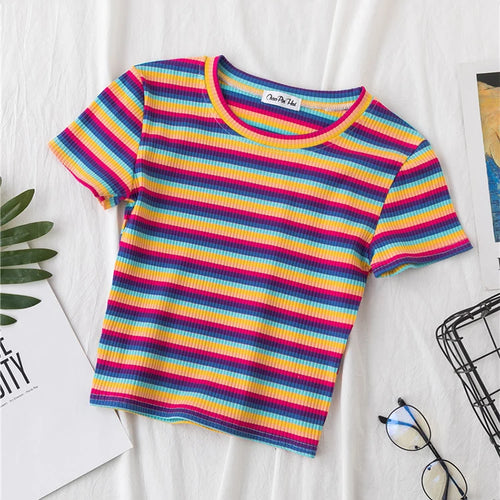 Load image into Gallery viewer, New T Shirt Women Rainbow Striped Tops Slim Fit t shirt Harajuku Tshirt Summer Short Sleeve Korean T-shirt feminina Clothes Tops
