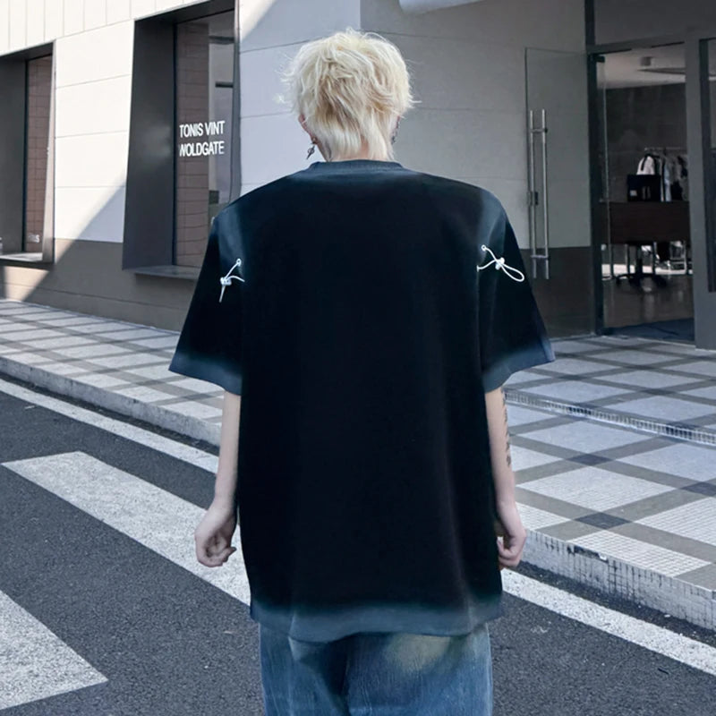 Men's T-shirts New Summer Round Neck Spray Painting Drawstring Decoration Loose Male Short Sleeve Causal Clothing 9W1796