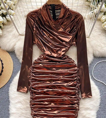 French Solid Elegant Office Ruched Holiday Party Wrapped Hip Mini Dress Women Short Pleated Zipper Evening Dress Popular Autumn