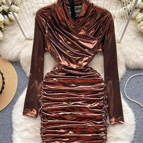 Load image into Gallery viewer, French Solid Elegant Office Ruched Holiday Party Wrapped Hip Mini Dress Women Short Pleated Zipper Evening Dress Popular Autumn
