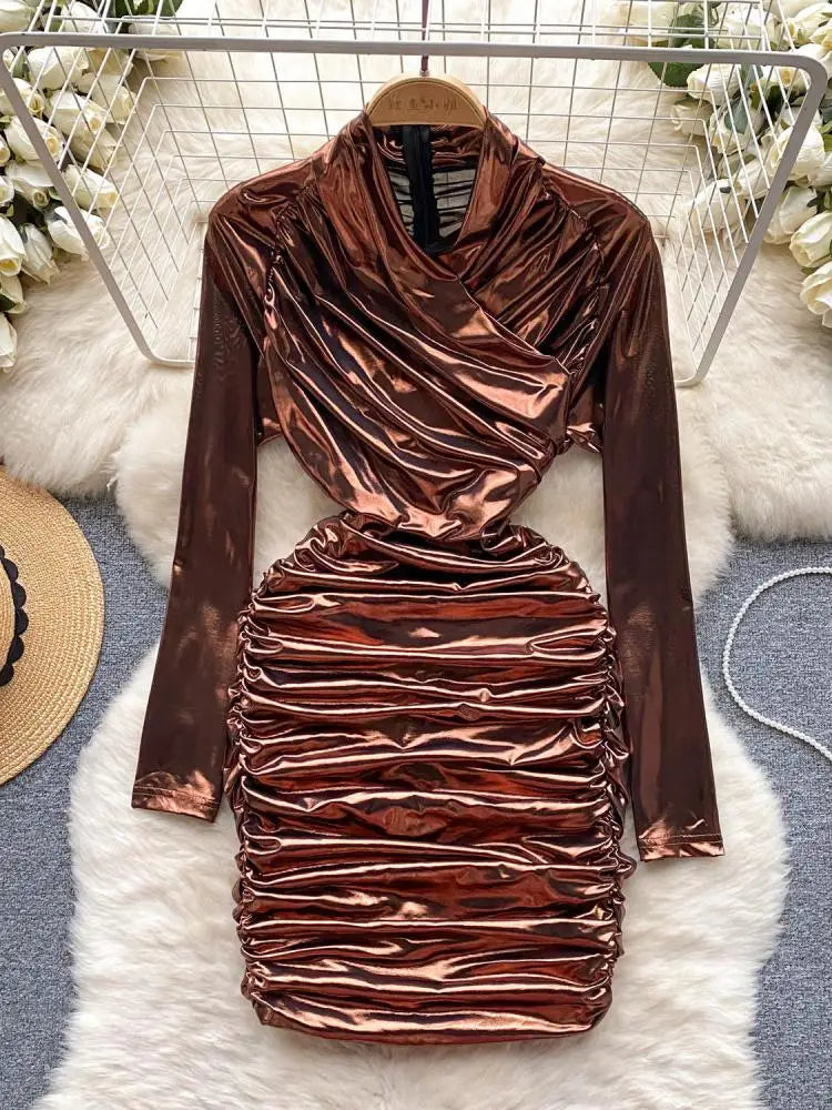 French Solid Elegant Office Ruched Holiday Party Wrapped Hip Mini Dress Women Short Pleated Zipper Evening Dress Popular Autumn