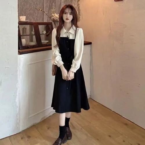 Load image into Gallery viewer, Soft Polo Shirt Dress Women Autumn Vintage Preppy Style Korean Long Sleeve Midi Belt Dress School Student Clothes
