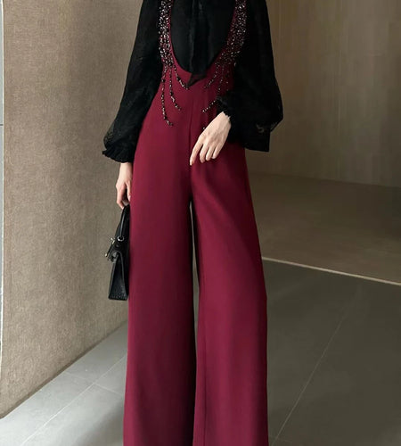 Temperament Two Piece Sets for Women Stand Neck Long Sleeves Spliced Lace Blouse Patchwork Bead Rompers Set Female