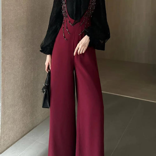 Load image into Gallery viewer, Temperament Two Piece Sets for Women Stand Neck Long Sleeves Spliced Lace Blouse Patchwork Bead Rompers Set Female
