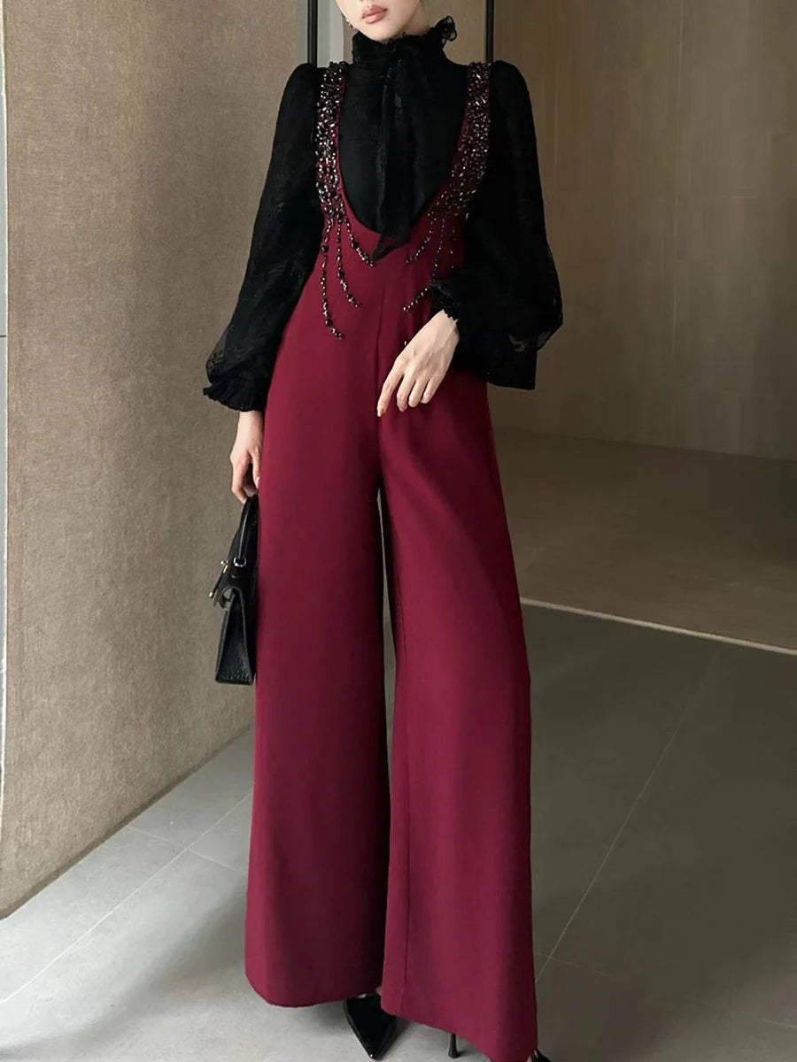 Temperament Two Piece Sets for Women Stand Neck Long Sleeves Spliced Lace Blouse Patchwork Bead Rompers Set Female