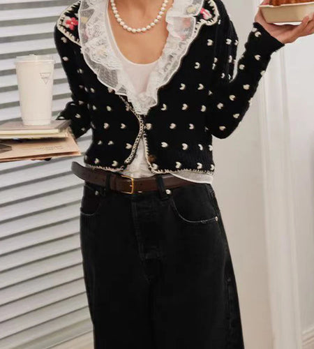 Hit Color Slimming Two Piece Sets for Women V Neck Long Spliced Embroidery Cardigan Patchwork Lace Vest Set Female