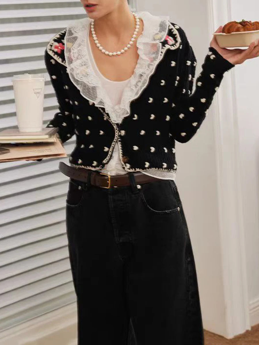 Hit Color Slimming Two Piece Sets for Women V Neck Long Spliced Embroidery Cardigan Patchwork Lace Vest Set Female