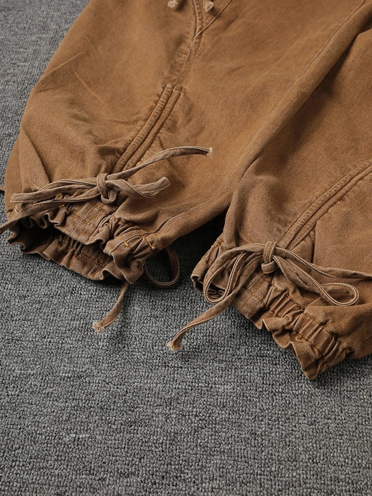 High Waist Khaki Drawstring Pockets Denim Long Wide Leg Pants New Trousers Women Fashion Tide Spring Autumn 2025 11A0731