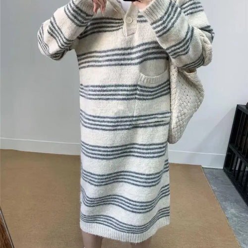 Load image into Gallery viewer, Autumn Winter Striped Hooded Long Sleeved Sweater Long Dresses Korean Fashion Women's Single Breasted Knitted Loose Dress Casual
