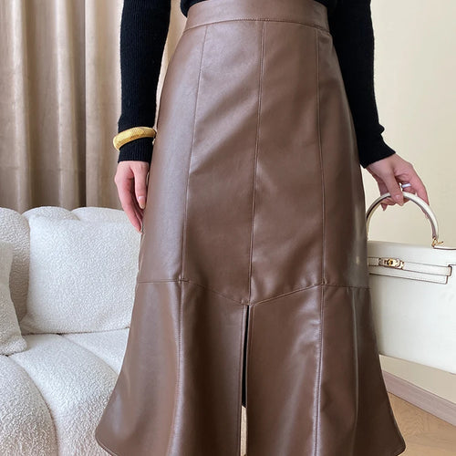 Load image into Gallery viewer, Solid Slimming Trumpet Skirts For Women High Waist Patchwork Zipper Minimalist Leather Skirt Female Fashion
