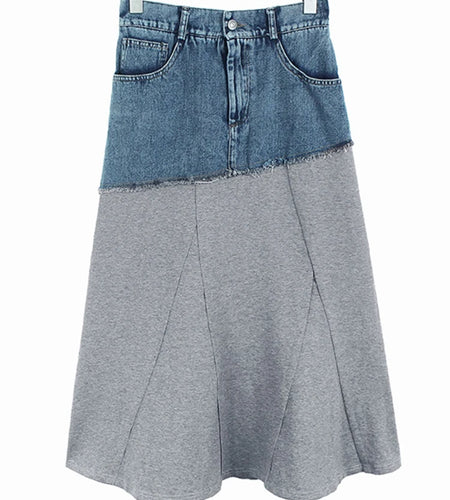 High Elastic Waist Gray Denim Color-block A-line Half-body Skirt Women Fashion Tide New Spring Autumn 2025 1DJ0889