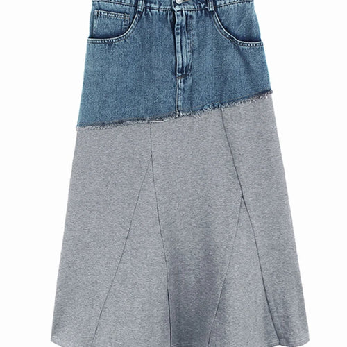 Load image into Gallery viewer, High Elastic Waist Gray Denim Color-block A-line Half-body Skirt Women Fashion Tide New Spring Autumn 2025 1DJ0889
