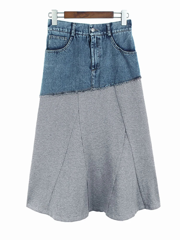 High Elastic Waist Gray Denim Color-block A-line Half-body Skirt Women Fashion Tide New Spring Autumn 2025 1DJ0889