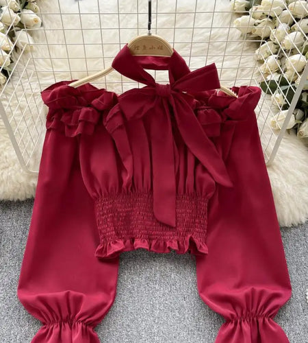 Women Sweet Sexy Club Bow Halter Blouse Off Shoulder Long Sleeve Solid Pleated Shirt Long Sleeve Short Ruffle Tops Spring Autumn