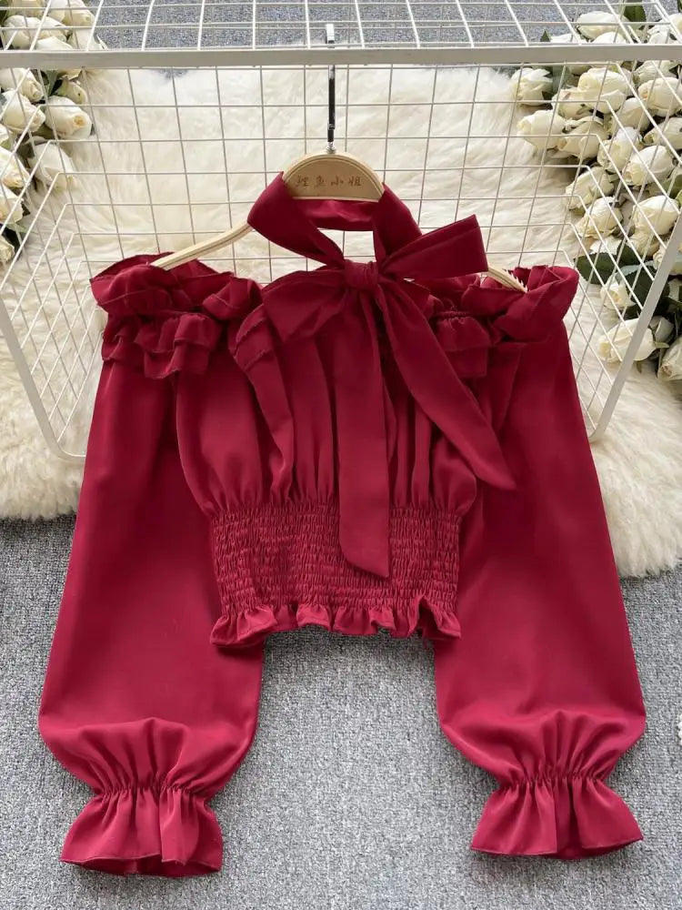 Women Sweet Sexy Club Bow Halter Blouse Off Shoulder Long Sleeve Solid Pleated Shirt Long Sleeve Short Ruffle Tops Spring Autumn
