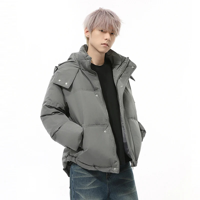 Simple Men's Padded Jackets Hooded Drawstring Solid Color Warm Short Parkas Korean Casual Male Thckened Coats Tide 9C9343