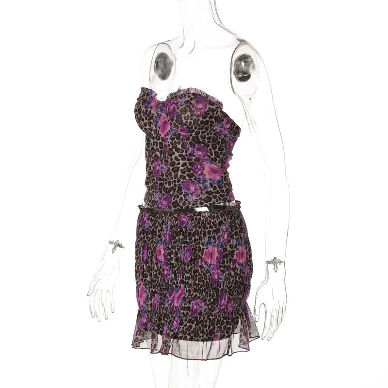 Leopard Print Sexy Skirt Two Piece Sets Women Off-shoulder Crop Tops And Mini Skirt Female Summer Beach 2 Piece Set