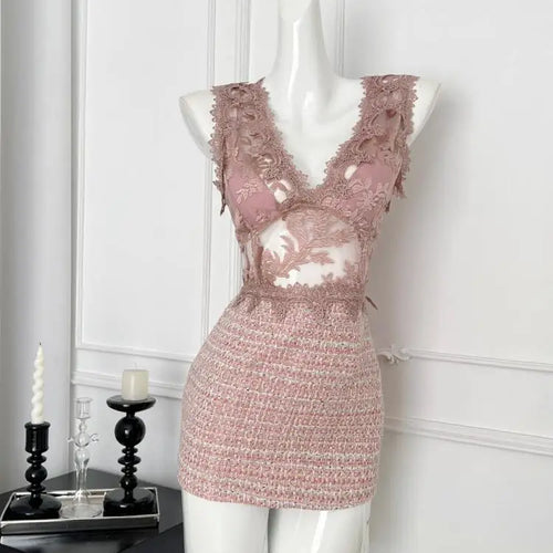 Load image into Gallery viewer, Summer Khaki Patchwork Lace Party Vest Short Dress Women Pink Embroidered Sleeveless V Neck Sexy Club Wrapped Hip Mini Dress New
