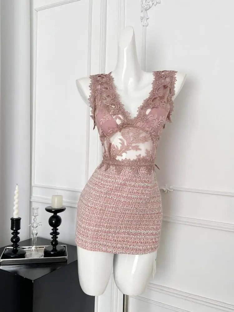 Summer Khaki Patchwork Lace Party Vest Short Dress Women Pink Embroidered Sleeveless V Neck Sexy Club Wrapped Hip Mini Dress New