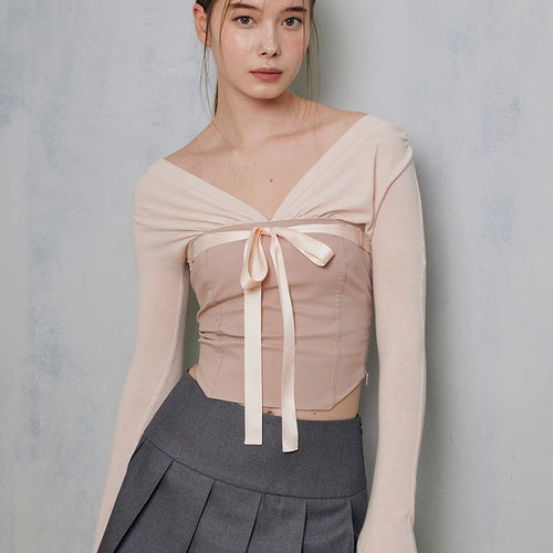 Load image into Gallery viewer, Contrast Patchwork Satin Lacing Crop Top Women V-Neck Long Sleeve Slim Versatile T-shirt Balletcore Party Streetwear
