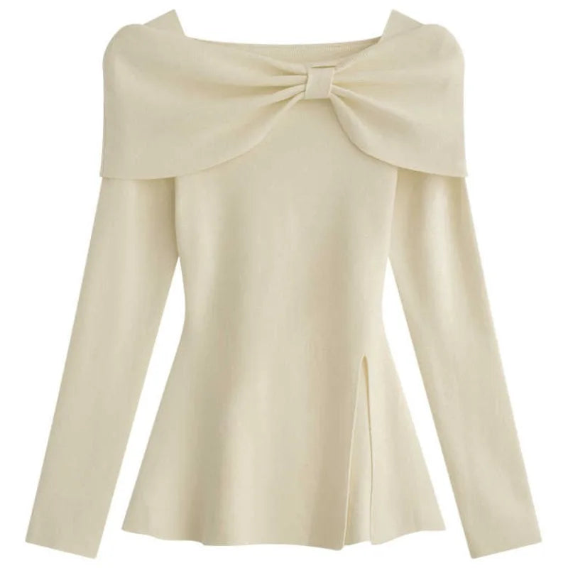 Autumn Winter Solid Slim Short Pullover Knitted Top Women Casual Long Sleeve Split Bow Sweater New Ladies Simplicity Streetwear