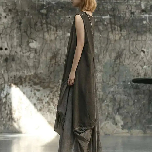 Load image into Gallery viewer, Women Orange Pleated Vintage Casual Dress New Round Neck Sleeveless Loose Fit Fashion Tide Spring Summer 2025 1DF6825
