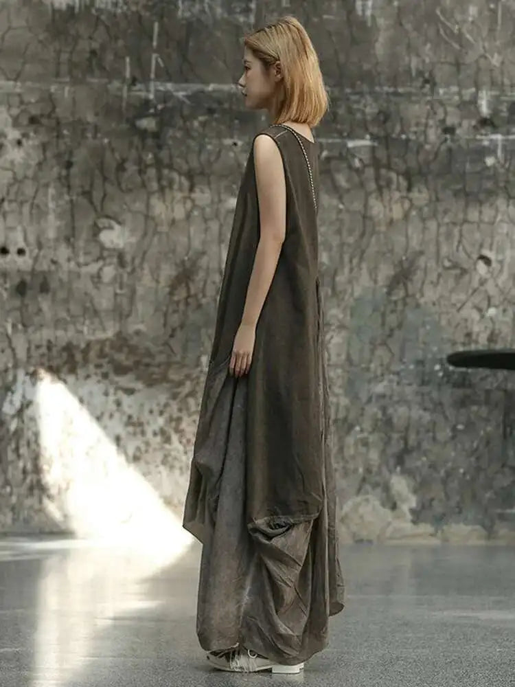 Women Orange Pleated Vintage Casual Dress New Round Neck Sleeveless Loose Fit Fashion Tide Spring Summer 2025 1DF6825