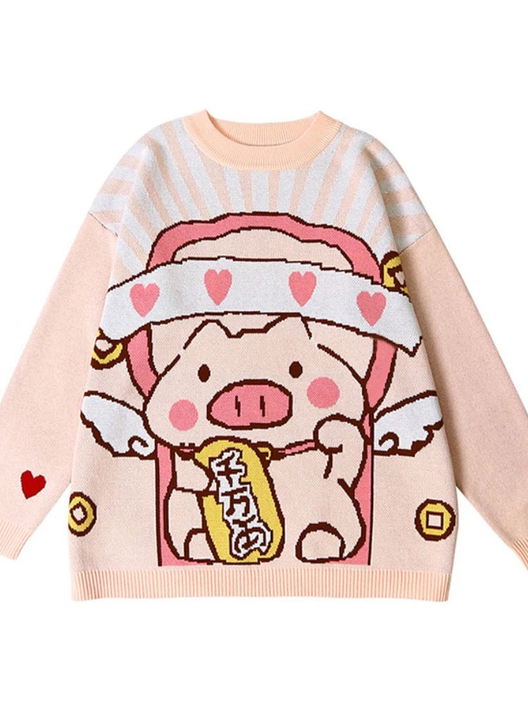 Women's Cartoon Pig Embroidery Knitted Sweaters And Pullovers Winter Thick Warm Girls Knit Jumpe Sweater Jacquard